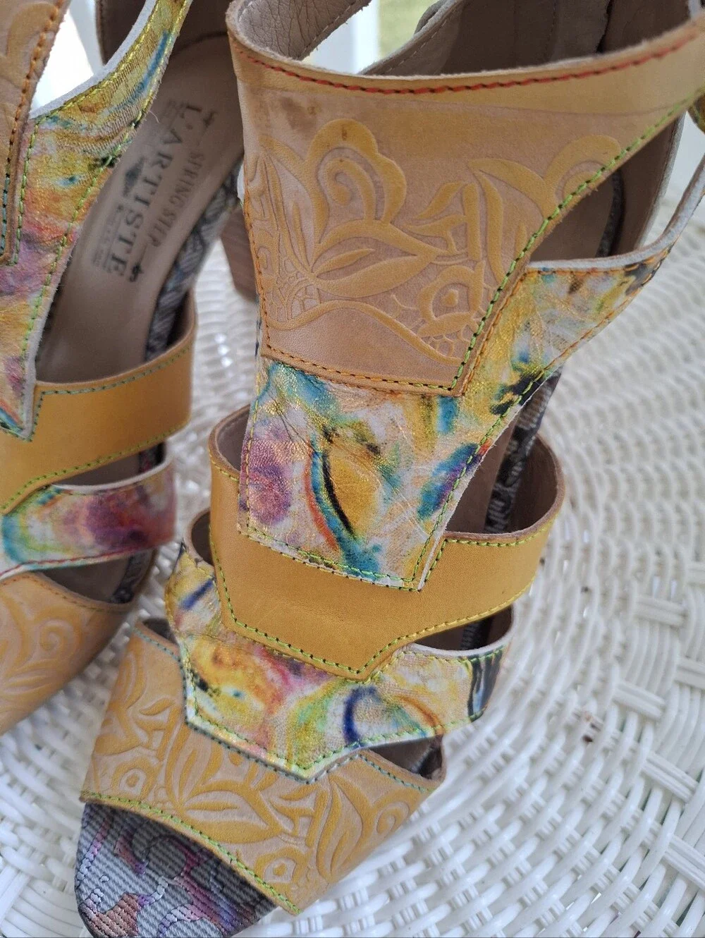 L'Artiste Hand Painted Hand Tooled Leather Heeled Sandals 
